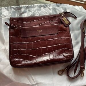 Fossil Croc Embossed Leather Crossbody - Dark Brown - Like new